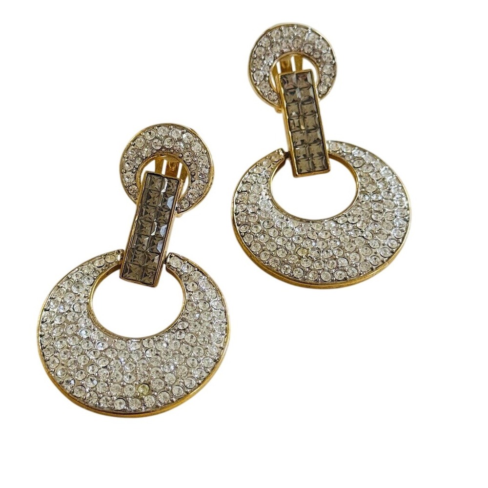 Runway Earrings VTG Dangle Clip Hoops Crystal Rhinestone Jeweled Statement 2.5"